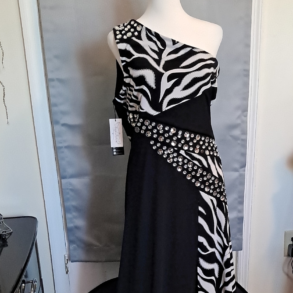 One-Shoulder Black and White Zebra-Print Evening Dress with Crystal Accents